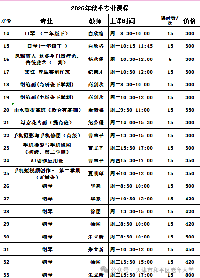 【本地资讯】天津市和平区老年大学2026年秋季班课程表一览