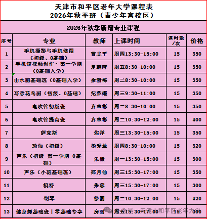 【本地资讯】天津市和平区老年大学2026年秋季班课程表一览